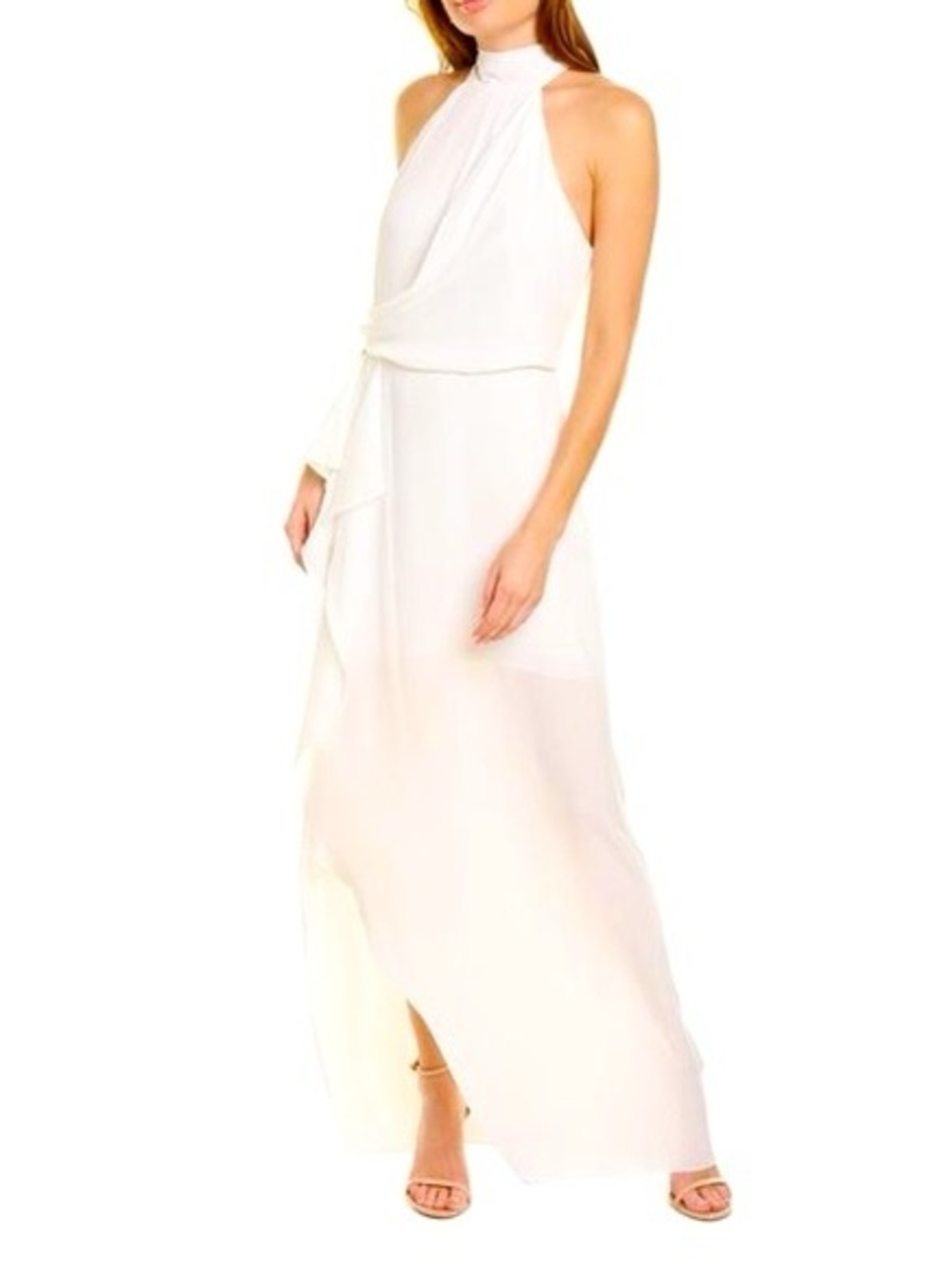 Halston Heritage White Halter Maxi Dress with Draped Waist Tie